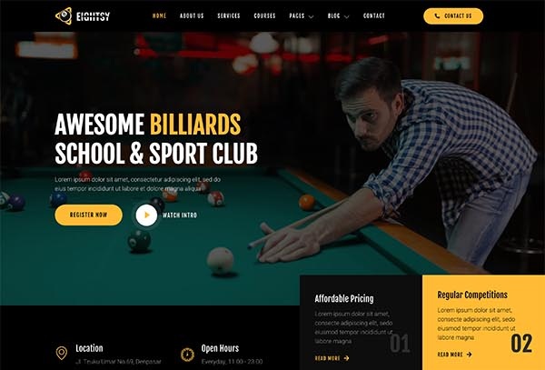 Eightsy - Billiard School & Sport Club Elementor Template Kit